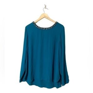 Gap jeweled blue green neck‎ long sleeve crepey blouse Large city girl